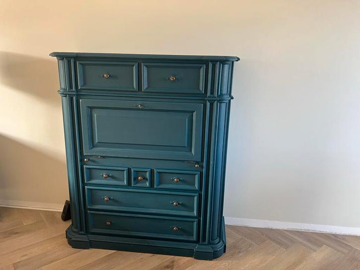 Brocante geschilderde Kast - Grenen blauw, Huis en Inrichting, Kasten | Buffetkasten, Gebruikt, 150 tot 200 cm, 50 tot 100 cm