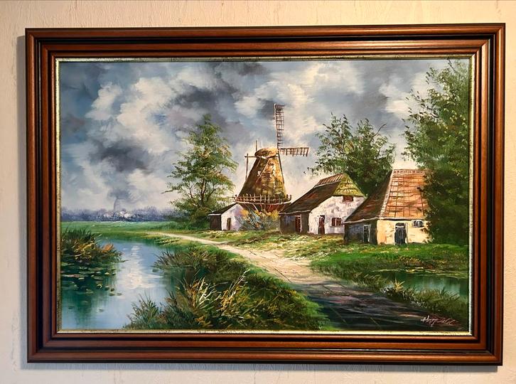 Schilderij: Boerderij en Molen op Canvas, Antiek en Kunst, Kunst | Schilderijen | Klassiek, Ophalen