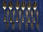 6 zilveren couverts: 6 lepels en 6 vorken vioolbak dubbellof, Ophalen of Verzenden, Zilver