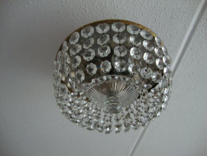 Messing Plafonnière behangen met kristal glas., Huis en Inrichting, Lampen | Plafondlampen, Gebruikt, Glas, Metaal, Ophalen of Verzenden