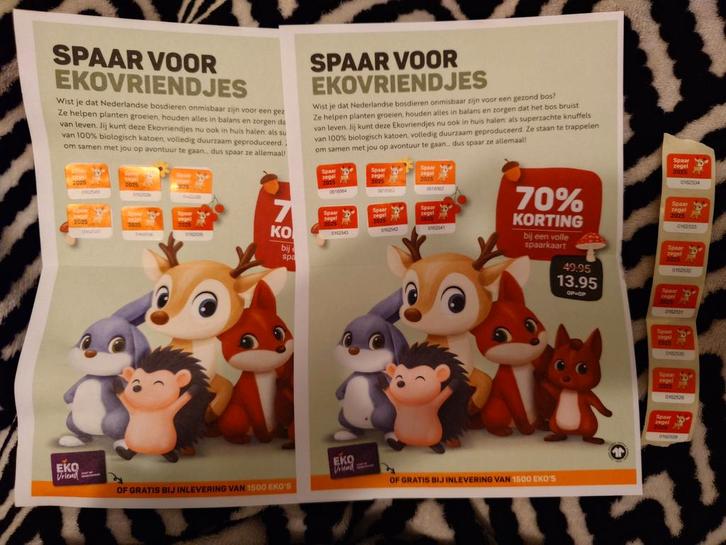 Ekoplaza Ekovriendjes Spaarkaarten 2 st. + 7 zegels, Hobby en Vrije tijd, Spaarzegeltjes, Volle spaarkaart, Winkel, Super of Benzinepomp