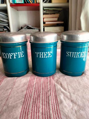 Antiek Brocante Vintage Emaille koffie thee suiker blauw beschikbaar voor biedingen