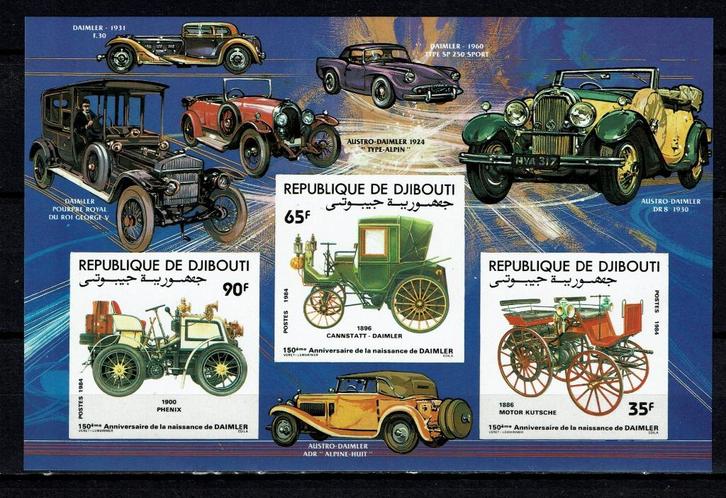 djibouti 1984 pf ongetand blok oldtimers auto cars auto's, Postzegels en Munten, Postzegels | Thematische zegels, Postfris, Auto's