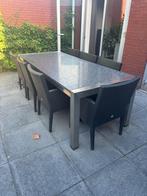 Natuurstenen Buitentafel + 7 stoelen, Tuin en Terras, Ophalen, Overige materialen, Gebruikt, 8 zitplaatsen
