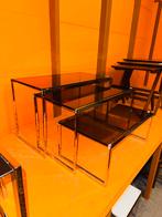 Vintage nesting set bijzettafels rookglas en chrome, Ophalen