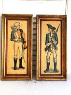 Twee vintage schilderijtjes soldaten historisch hout verguld, Ophalen, Minder dan 50 cm, Schilderij, Minder dan 50 cm