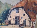 Vintage schilderij gesigneerd boerderij rieten dak, Ophalen of Verzenden