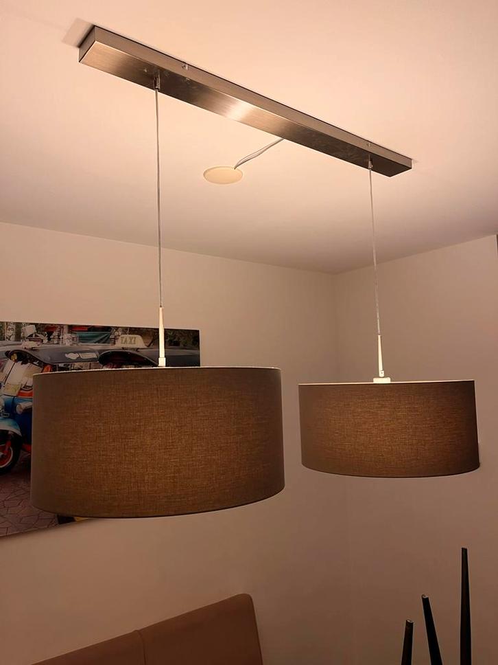 Duo Hanglamp Taupe - Dimbaar, Huis en Inrichting, Lampen | Hanglampen, Zo goed als nieuw, Minder dan 50 cm, Stof, Ophalen