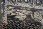 linosnede Amsterdamse gracht met boot, monogram LS, jaren 30, Verzenden
