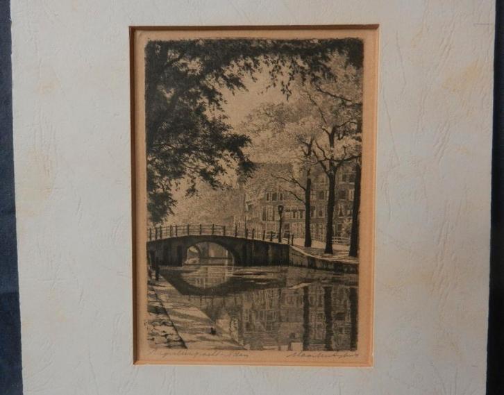 Leuke ets Reguliersgracht Amsterdam M. Langbroek 12,1x8,5 cm, Antiek en Kunst, Kunst | Etsen en Gravures, Ophalen of Verzenden