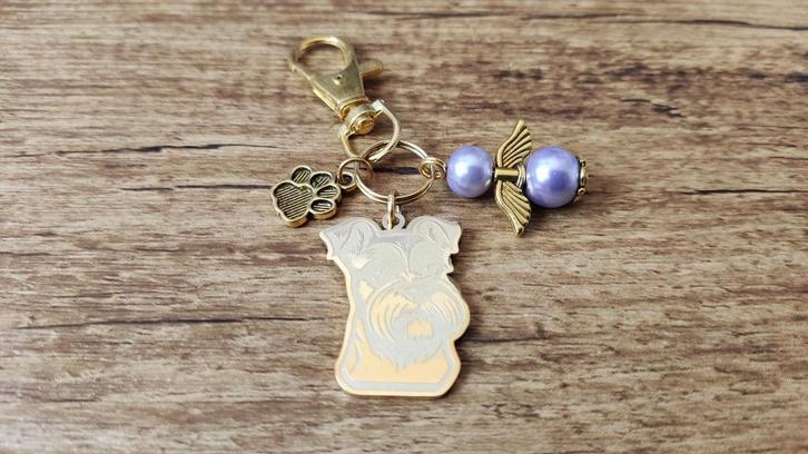 Sleutelhanger Dwergschnauzer RVS gold met beschermengeltje, Verzamelen, Sleutelhangers, Nieuw, Dier of Natuur, Verzenden