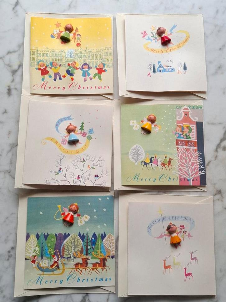 6x vintage kerst kaart met houten Erzgebirge figuurtjes, Diversen, Kerst, Nieuw, Verzenden