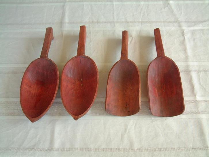 4 vintage oude houten hout scheppen schep, Antiek en Kunst, Curiosa en Brocante, Ophalen of Verzenden