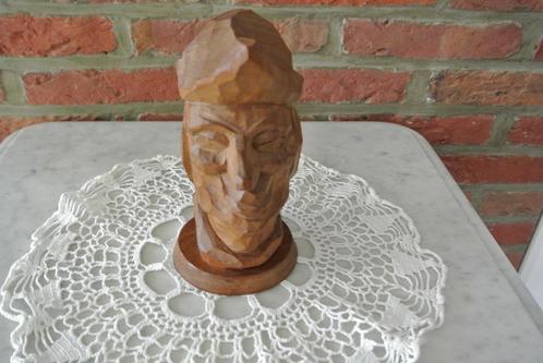 Vintage Uitgestoken Houten Beeld Mannenhoofd/Pet, Antiek en Kunst, Kunst | Beelden en Houtsnijwerken, Ophalen of Verzenden
