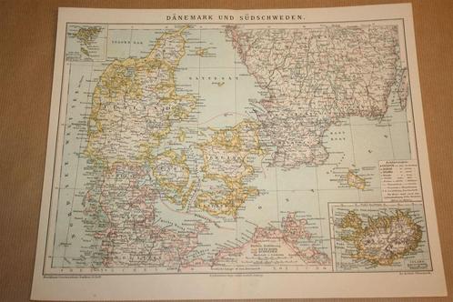 Antieke kaart - Denemarken en Zuid-Zweden - Ca 1885 !!, Boeken, Atlassen en Landkaarten, Gelezen, Landkaart, 1800 tot 2000, Ophalen of Verzenden