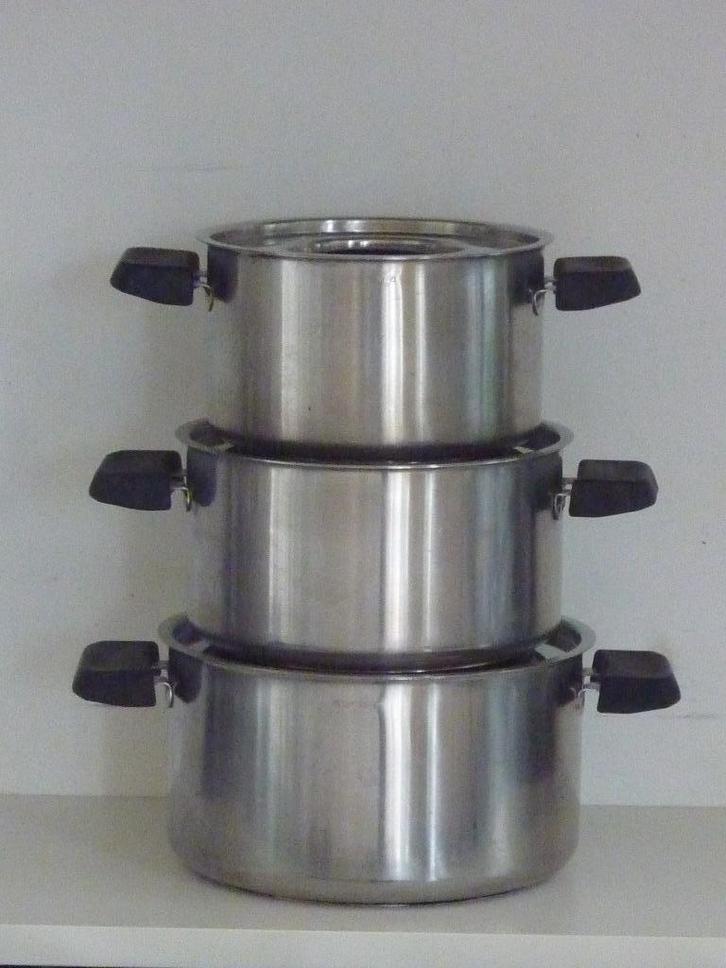 3 pannen, Pannenset, RVS, INOX, Huis en Inrichting, Keuken | Potten en Pannen, Gebruikt, Pannenset, Rvs, Ophalen of Verzenden