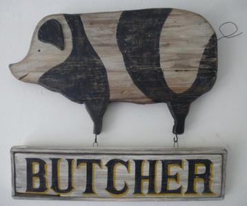Vintage antiek houten reclame / Butcher / slagerij / varken beschikbaar voor biedingen