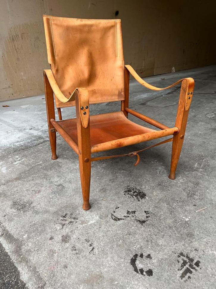 Cognac leren stoel Kaare Klint Rasmussen Safari jaren 60, Huis en Inrichting, Stoelen, Gebruikt, Eén, Hout, Leer, Bruin, Ophalen of Verzenden