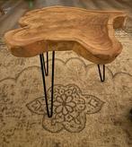 Teak boomstam bijzettafel met hairpin poten, Ophalen, Minder dan 45 cm, Minder dan 55 cm, Gebruikt