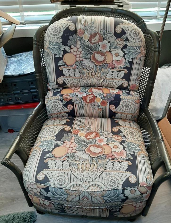 rotan stoelen kleur groen  2 stuks Breede zit lossen kussen, Huis en Inrichting, Stoelen, Gebruikt, Twee, Riet of Rotan, Stof