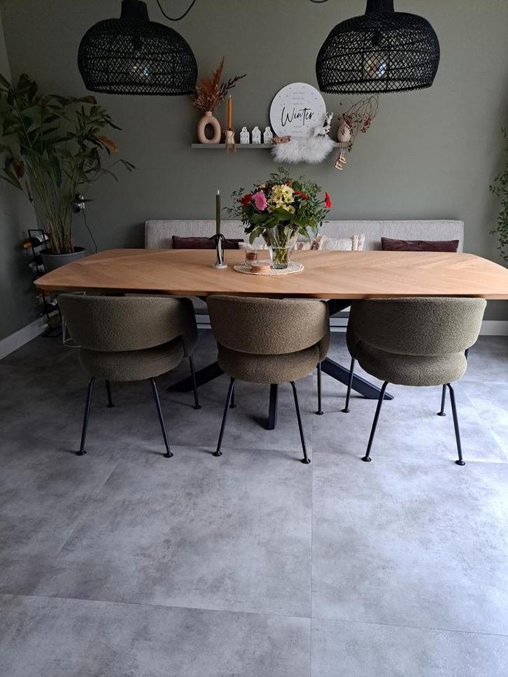 3 groene eetkamerstoelen Eden Karwei, Huis en Inrichting, Stoelen, Zo goed als nieuw, Stof, Overige kleuren, Ophalen