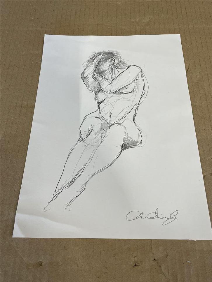 Pen tekening van naakte vrouw in zit positie, Antiek en Kunst, Kunst | Tekeningen en Foto's, Ophalen of Verzenden