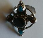 Oude opvallende zilveren ring, onyx, carneool turkoois, 18 tot 19, Verzenden, Met edelsteen, Dame