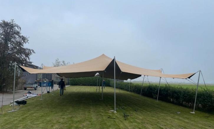 Te koop: Stretchtent doek 7,5x5 meter chino/zand, Tuin en Terras, Partytenten, Zo goed als nieuw, Minder dan 5 meter, Ophalen