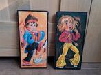 Vintage prentjes op hardboard 25-12 cm zangeres karate pst, Minder dan 50 cm, Ophalen of Verzenden, Zo goed als nieuw, Schilderij