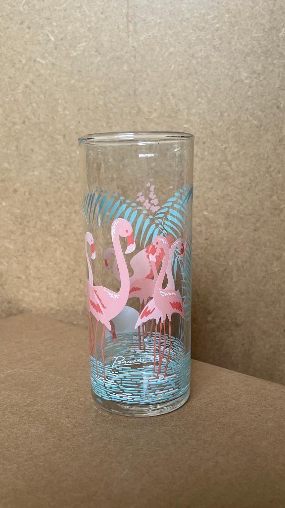 Vintage jaren '70 '80s longdrink Panache by Dema UK flamingo, Huis en Inrichting, Keuken | Servies, Zo goed als nieuw, Glas of Glazen