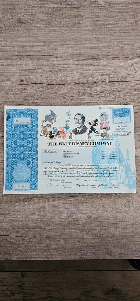 The Walt Disney Company Aandeel - Verzamelobject, Postzegels en Munten, Aandelen en Waardepapieren, Aandeel, 1970 tot heden, Ophalen of Verzenden