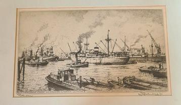 Rotterdam haven H.E. Roodenburg ets origineel  beschikbaar voor biedingen