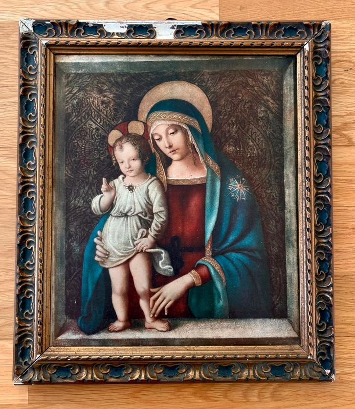 MADONNA MET KIND (Oliedruk, ca. 1930–1950) Kunsthandel Borzo, Antiek en Kunst, Kunst | Schilderijen | Klassiek, Ophalen of Verzenden