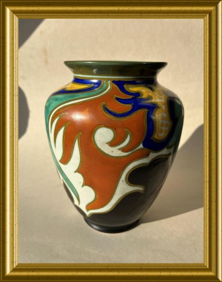 Oude platelen vaas, PZH plateel Gouda, Decor Zampa, Antiek en Kunst, Antiek | Keramiek en Aardewerk, Ophalen of Verzenden