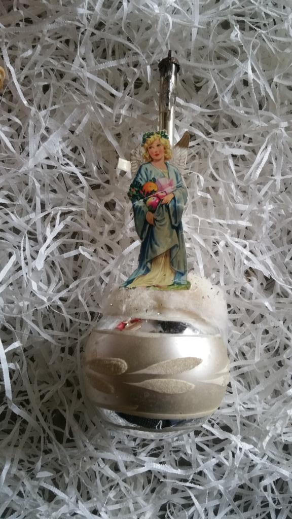 oude grote kerstbal nummer 406 lange hals engelprent, Diversen, Kerst, Gebruikt, Ophalen of Verzenden