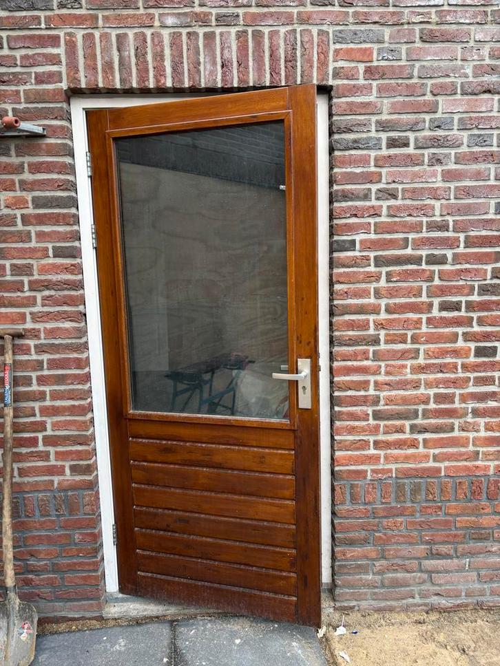 2 Hardhouten Deuren met Thermopane Glas, Doe-het-zelf en Verbouw, Deuren en Horren, Gebruikt, Buitendeur, 200 tot 215 cm, 80 tot 100 cm