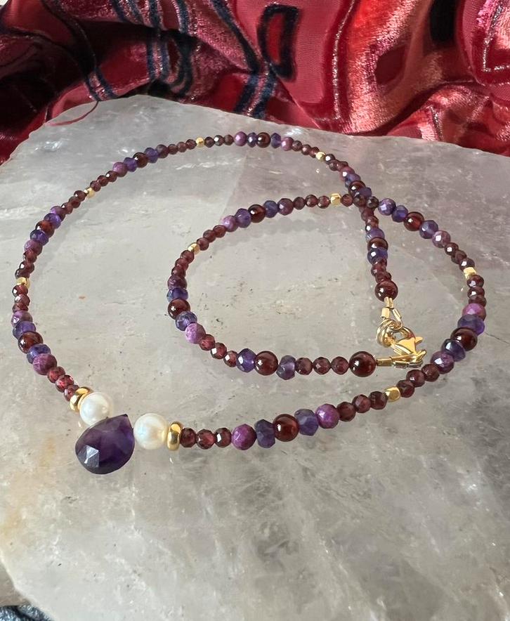 Akoya zoutwater parel amethist tuguptiet granaat geluk uniek, Sieraden, Tassen en Uiterlijk, Kettingen, Nieuw, Zilver, Paars, Met edelsteen