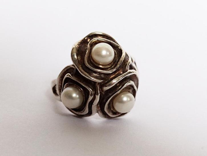 Brutalist Modernist ring echte parels zilver 925 maat 22 MCM, Sieraden, Tassen en Uiterlijk, Ringen, Zo goed als nieuw, Dame of Heer