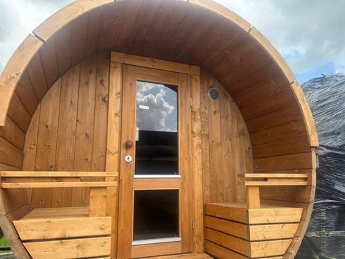 Barrelsauna 290 cm I Thermowood I Glas I Showroom, Sport en Fitness, Sauna, Zo goed als nieuw, Complete sauna, Fins of Traditioneel