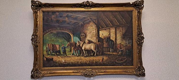 Olieverfschilderij Boerenschuur met Paarden, Antiek en Kunst, Kunst | Schilderijen | Klassiek, Ophalen