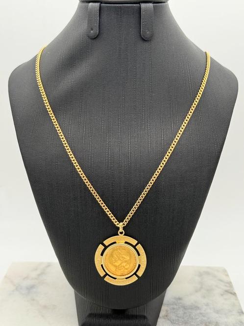 Mooie 14 karaat gouden ketting met 22k 10 gulden munt 65 cm, Sieraden, Tassen en Uiterlijk, Kettingen, Nieuw, Goud, Goud, Met hanger