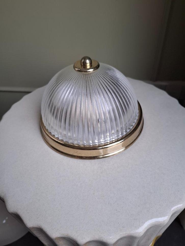Vintage plafondlamp plafonniere gouden messing rand, Huis en Inrichting, Lampen | Plafondlampen, Gebruikt, Glas, Metaal, Ophalen of Verzenden