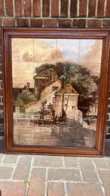 Antiek Rozenburg tegeltableau, schip in binnenhaven ca 1900 beschikbaar voor biedingen