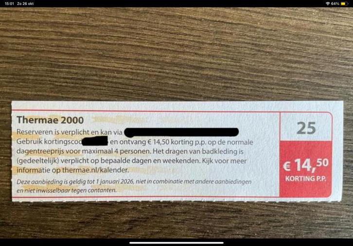 Kortingsbon voor sauna Thermae 2000 (KWF), Tickets en Kaartjes, Kortingen en Cadeaubonnen, Drie personen of meer, Spa of Sauna