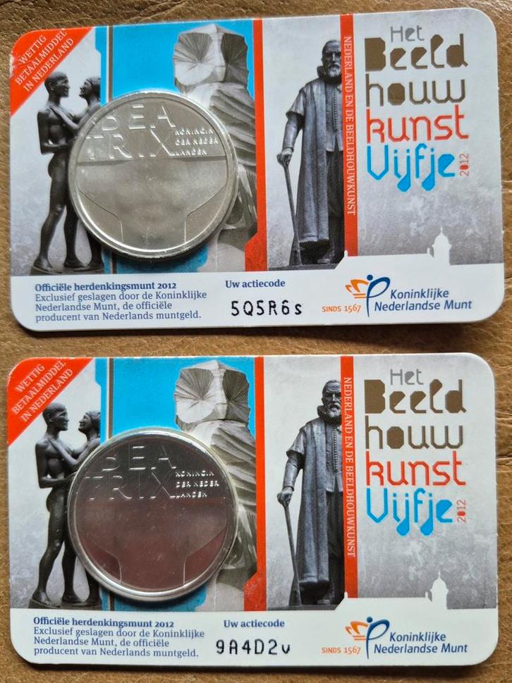 Beeldhouwkunst Vijfje 2012 2x zwaar verzilverde munten zgan, Postzegels en Munten, Munten | Nederland, Setje, Overige waardes