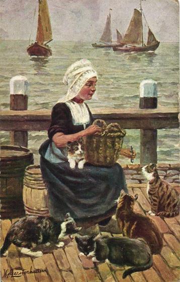 Vrouw met poezen in haven - B-keus - 1917 gelopen beschikbaar voor biedingen