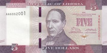 Liberia bankbiljet 5 Dollars 2016, Pick 31a in UNC kwaliteit beschikbaar voor biedingen