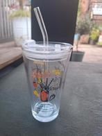 Glazen drinkbeker, glas met deksel en rietje, Glas of Glazen, Ophalen of Verzenden, Overige stijlen, Glas