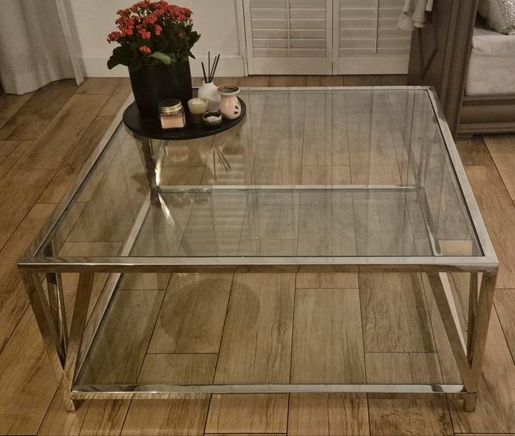 Glazen Salontafel met Chrome Frame, Huis en Inrichting, Tafels | Salontafels, Gebruikt, Minder dan 50 cm, 50 tot 100 cm, 50 tot 100 cm