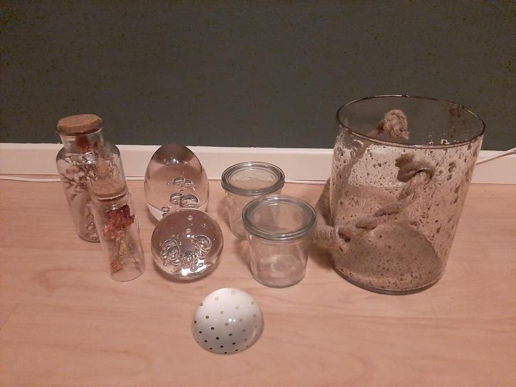 Glazen windlicht met touw, presse papier, glazen bollen, Huis en Inrichting, Woonaccessoires | Overige, Gebruikt, Ophalen of Verzenden
